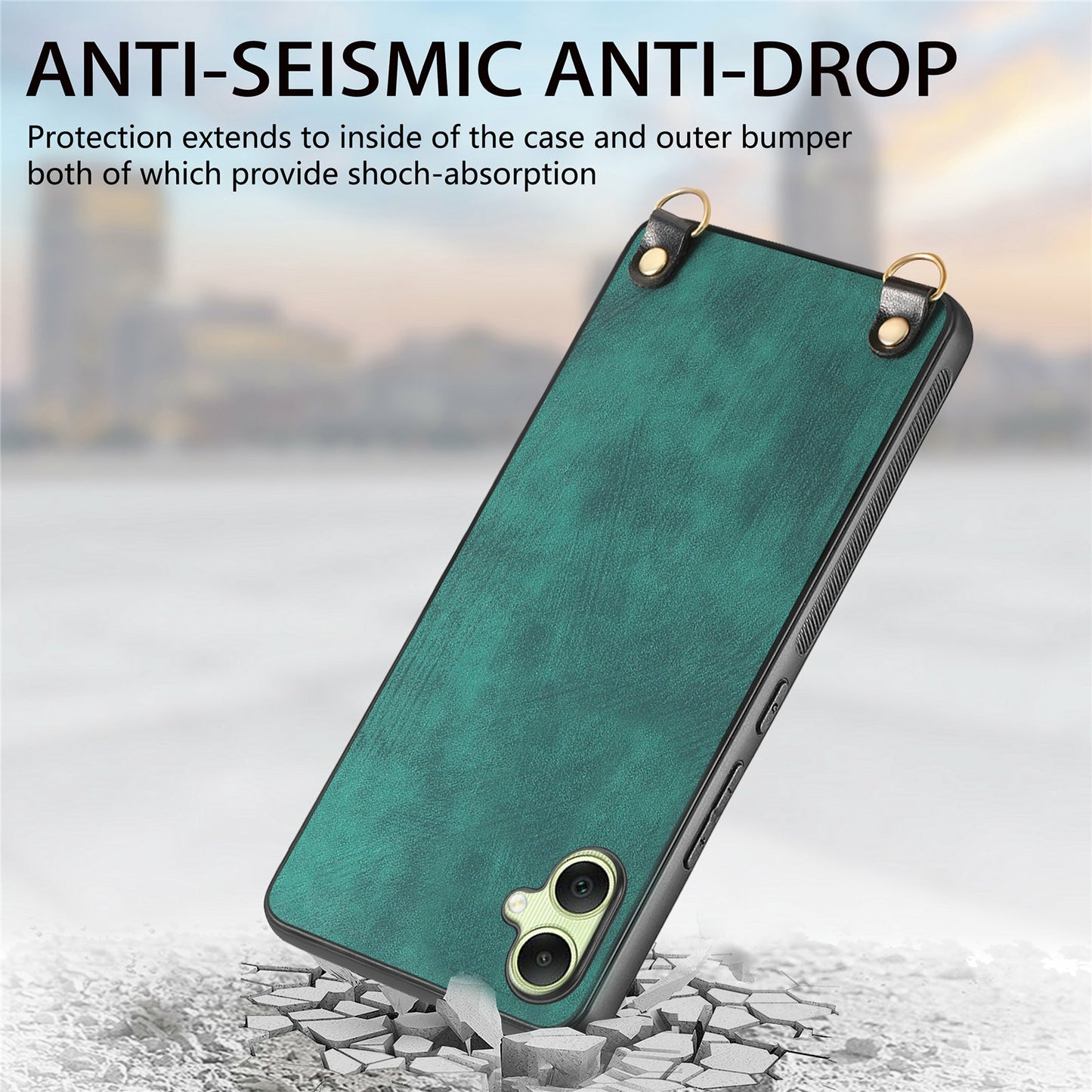 For Samsung Galaxy A06 Case Retro Texture Leather Coated PC+TPU Phone Cover with Hanging Rope - Black