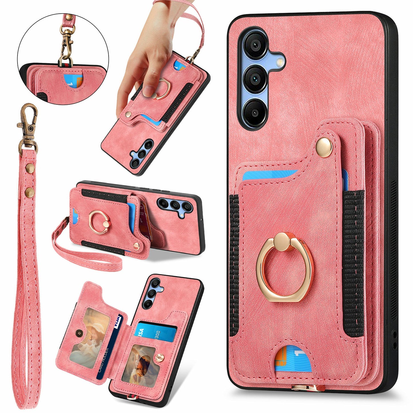 For Samsung Galaxy A16 4G / A16 5G Case RFID Blocking Handbag Leather+TPU Phone Cover Card Slots, Ring Holder - Pink