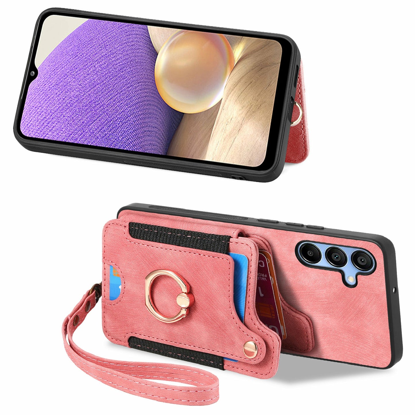 For Samsung Galaxy A16 4G / A16 5G Case RFID Blocking Handbag Leather+TPU Phone Cover Card Slots, Ring Holder - Pink