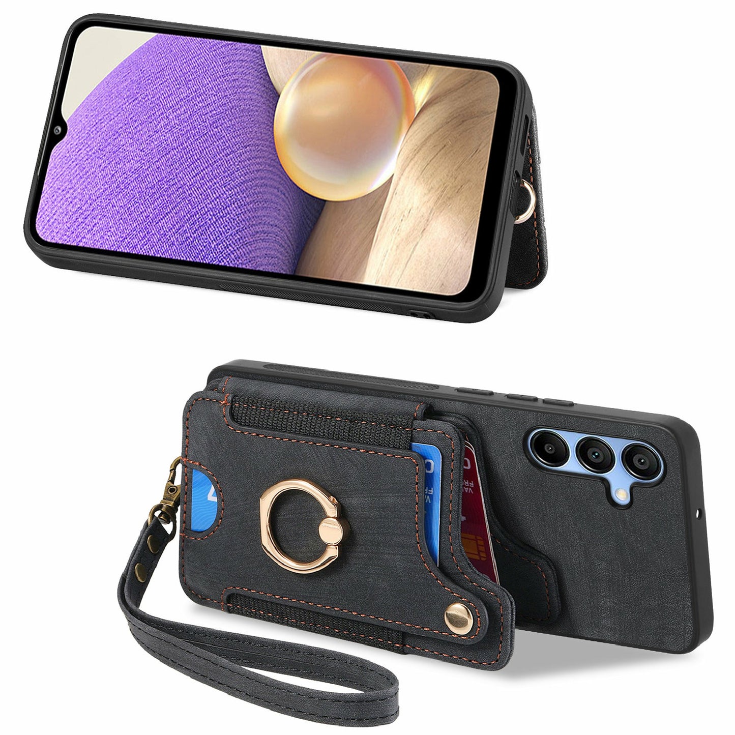 For Samsung Galaxy A16 4G / A16 5G Case RFID Blocking Handbag Leather+TPU Phone Cover Card Slots, Ring Holder - Black