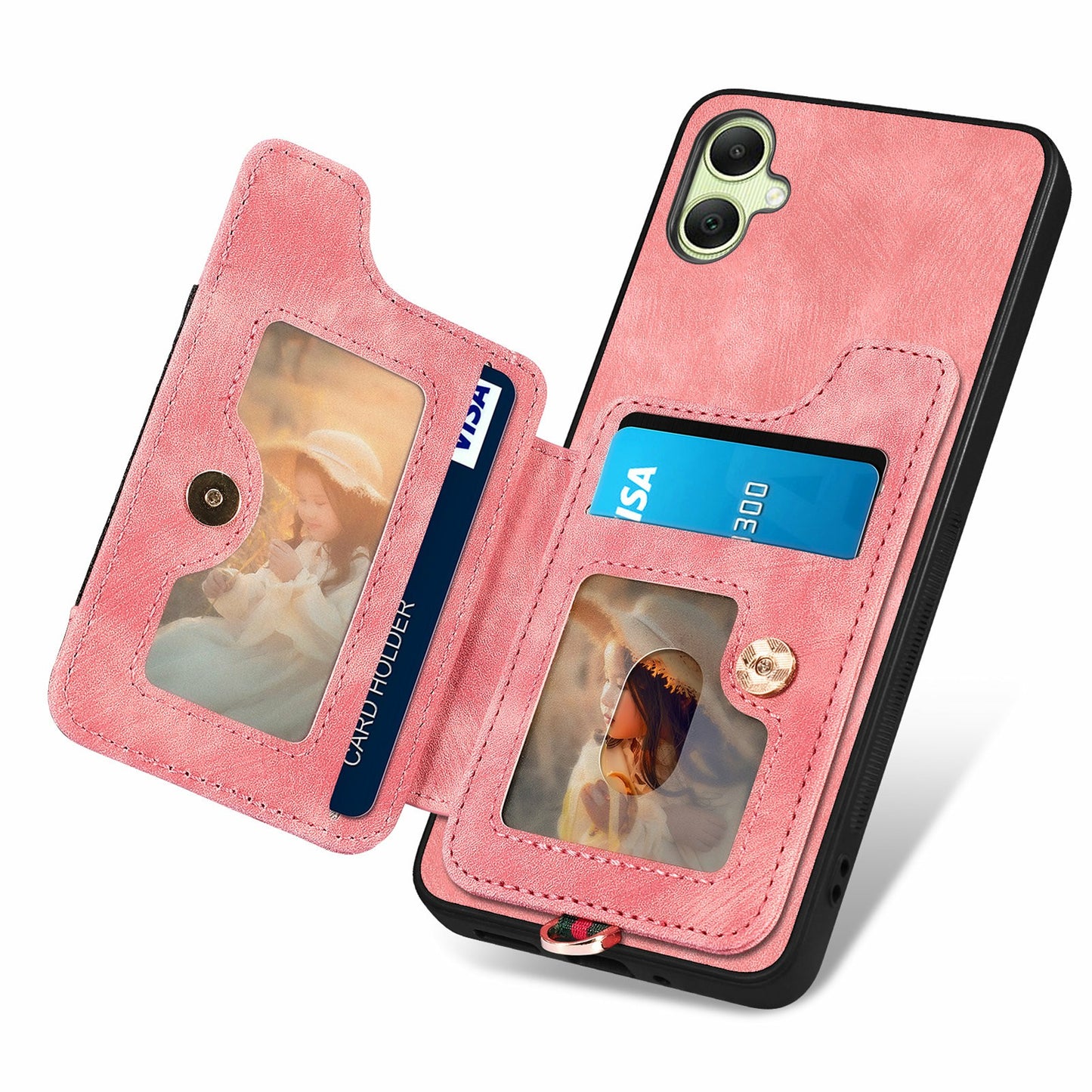 For Samsung Galaxy A06 Case RFID Blocking Handbag Leather+TPU Phone Cover Card Slots, Ring Holder - Pink