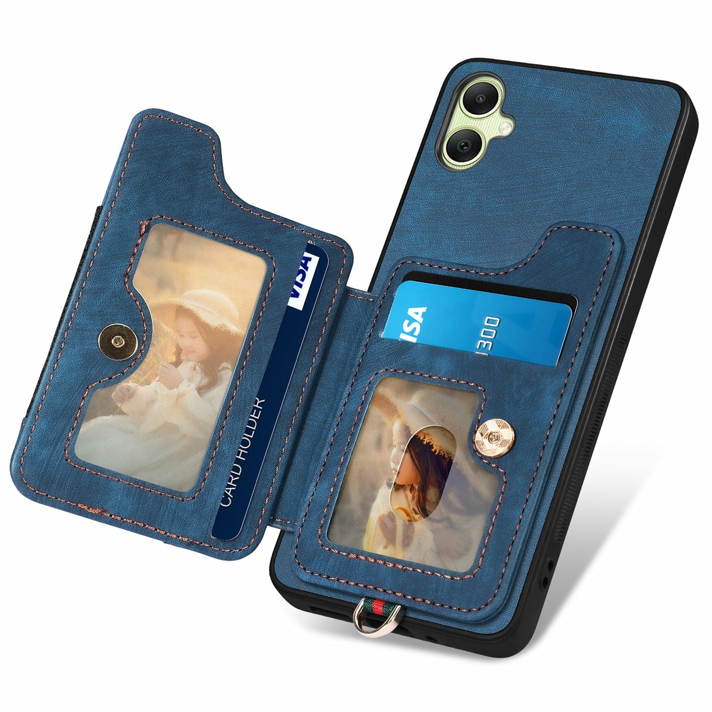 For Samsung Galaxy A06 Case RFID Blocking Handbag Leather+TPU Phone Cover Card Slots, Ring Holder - Blue