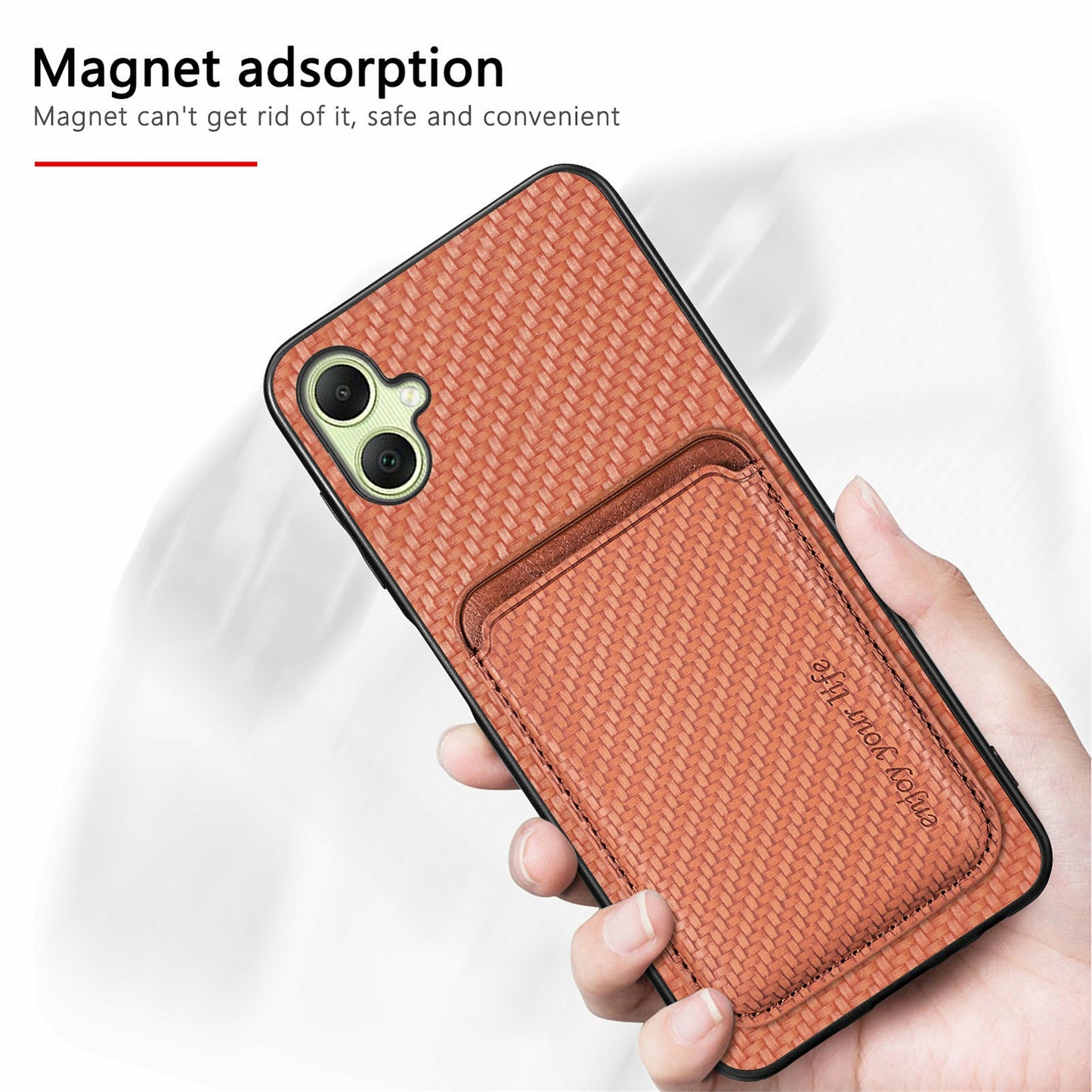 For Samsung Galaxy A06 Case Carbon Fiber Leather Back Cover with Detachable Card Bag - Brown