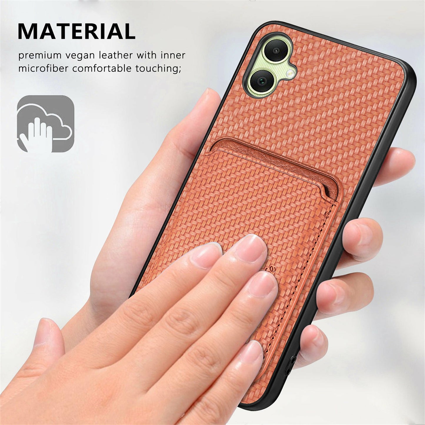For Samsung Galaxy A06 Case Carbon Fiber Leather Back Cover with Detachable Card Bag - Brown