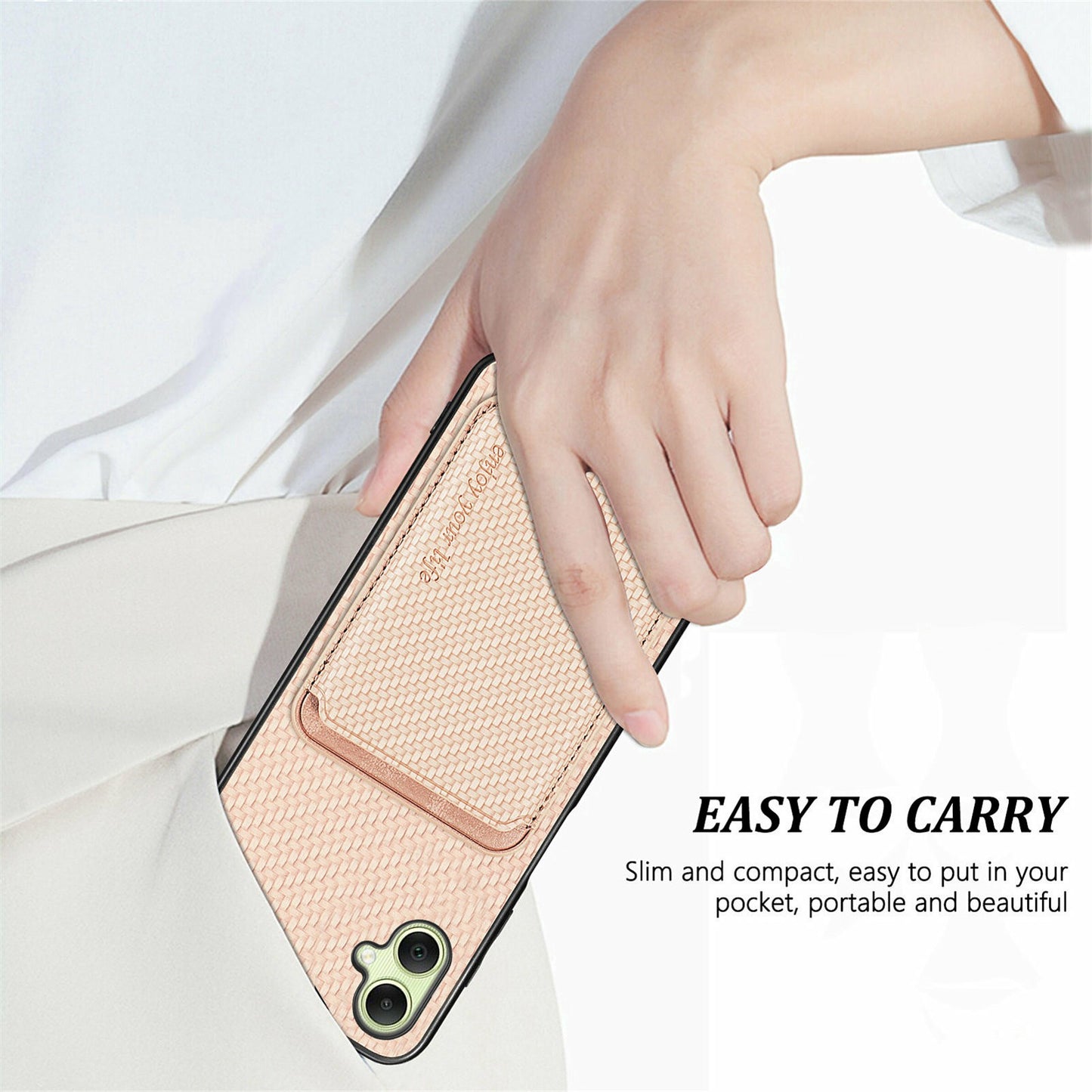 For Samsung Galaxy A06 Case Carbon Fiber Leather Back Cover with Detachable Card Bag - Apricot
