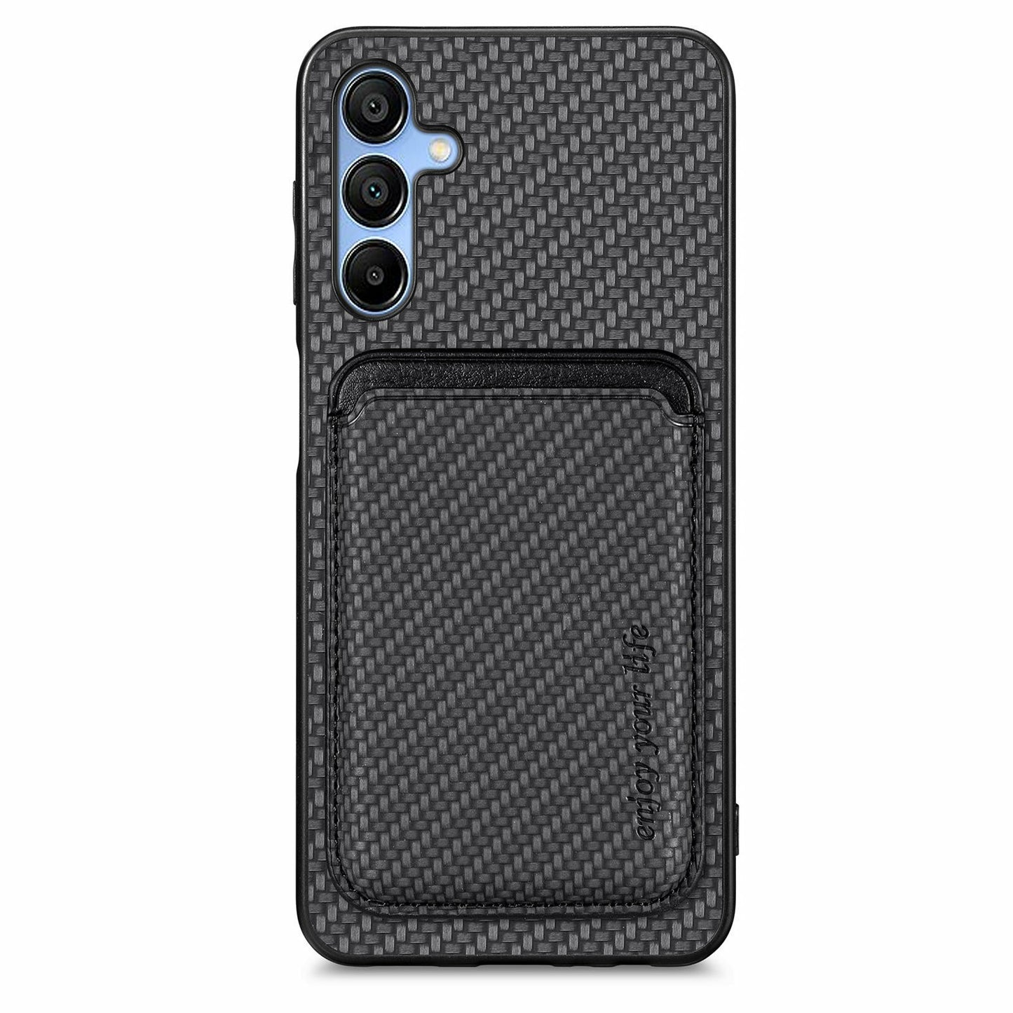 For Samsung Galaxy A16 4G / 5G Case Carbon Fiber Leather Back Cover with Detachable Card Bag - Black