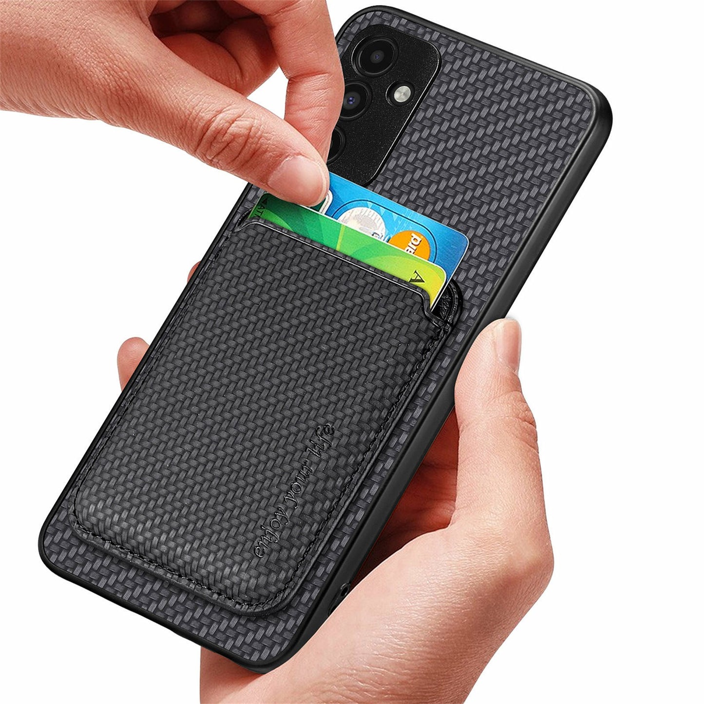 For Samsung Galaxy A16 4G / 5G Case Carbon Fiber Leather Back Cover with Detachable Card Bag - Black