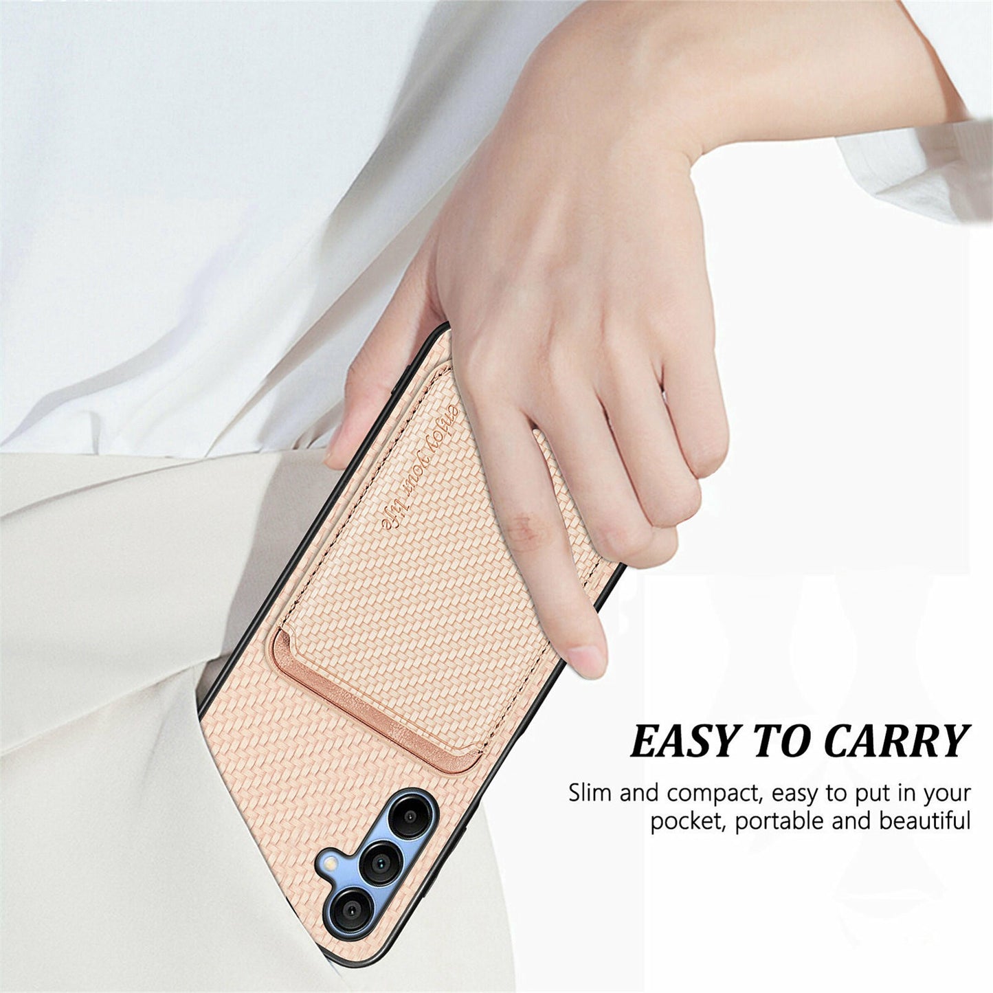 For Samsung Galaxy A16 4G / 5G Case Carbon Fiber Leather Back Cover with Detachable Card Bag - Black