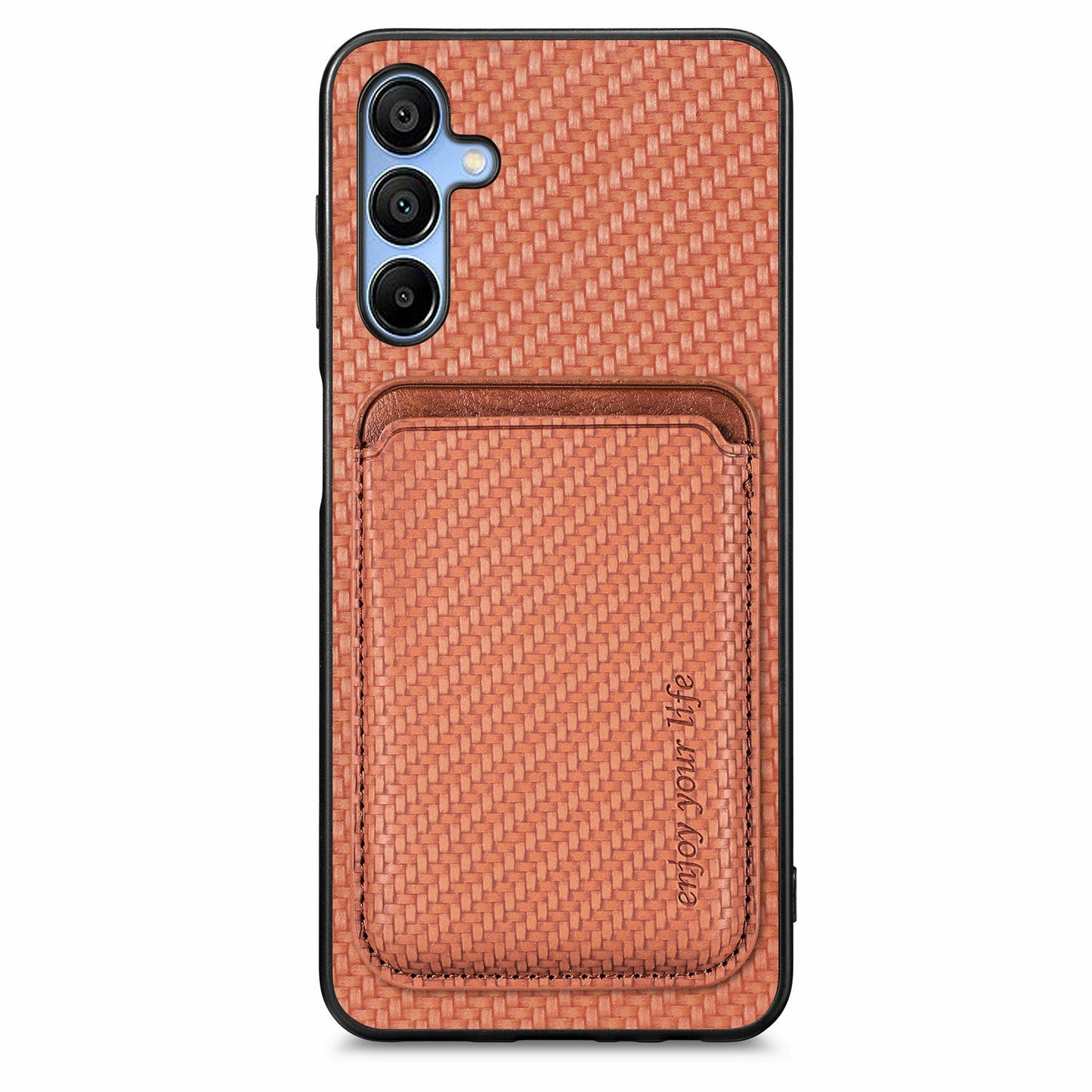 For Samsung Galaxy A16 4G / 5G Case Carbon Fiber Leather Back Cover with Detachable Card Bag - Brown