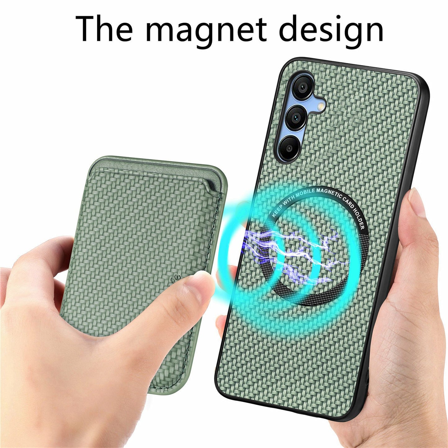 For Samsung Galaxy A16 4G / 5G Case Carbon Fiber Leather Back Cover with Detachable Card Bag - Green