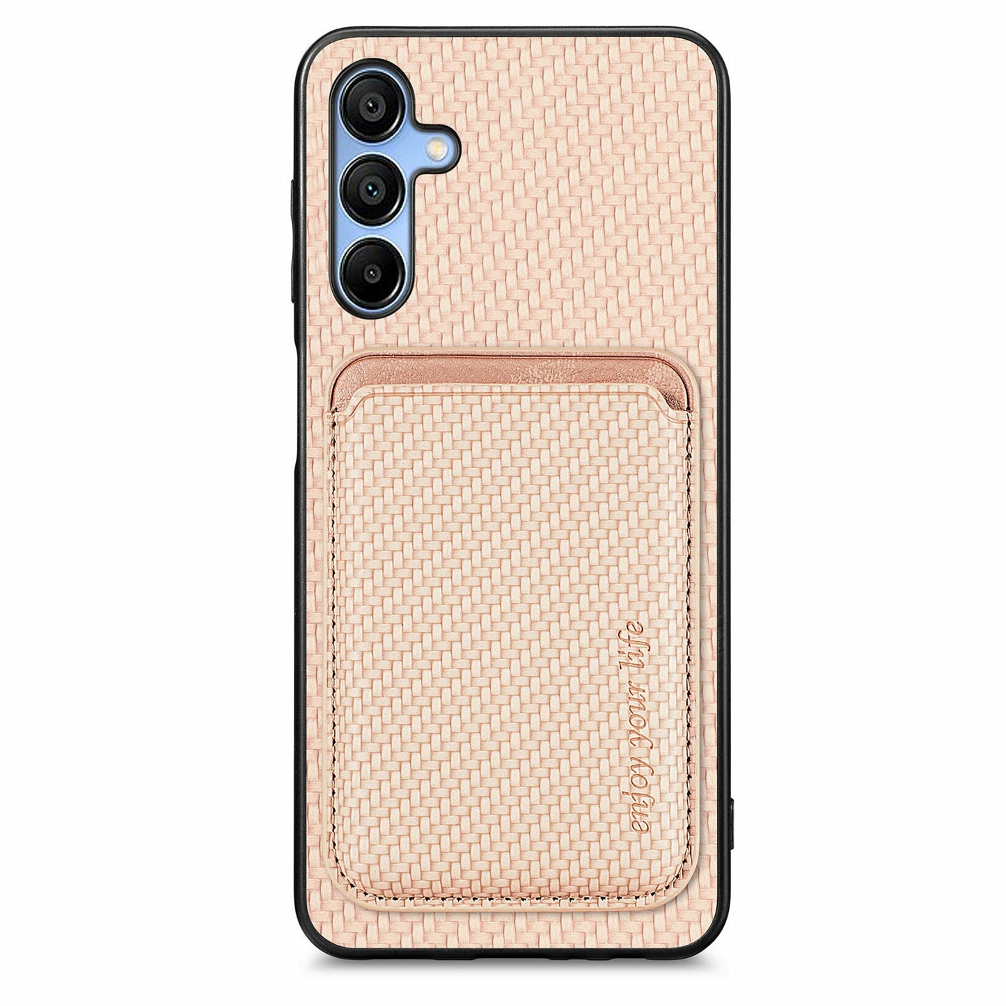 For Samsung Galaxy A16 4G / 5G Case Carbon Fiber Leather Back Cover with Detachable Card Bag - Apricot