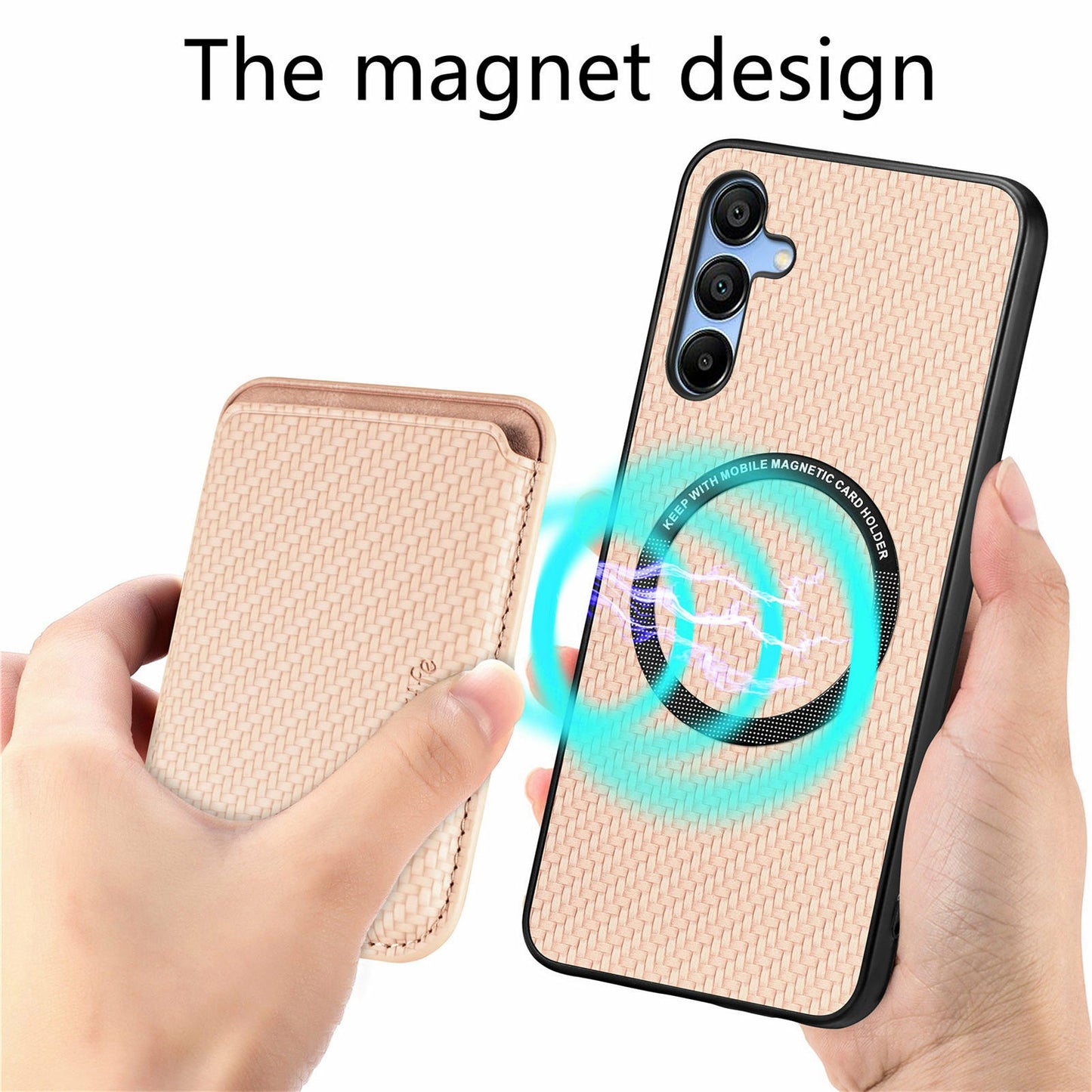 For Samsung Galaxy A16 4G / 5G Case Carbon Fiber Leather Back Cover with Detachable Card Bag - Apricot