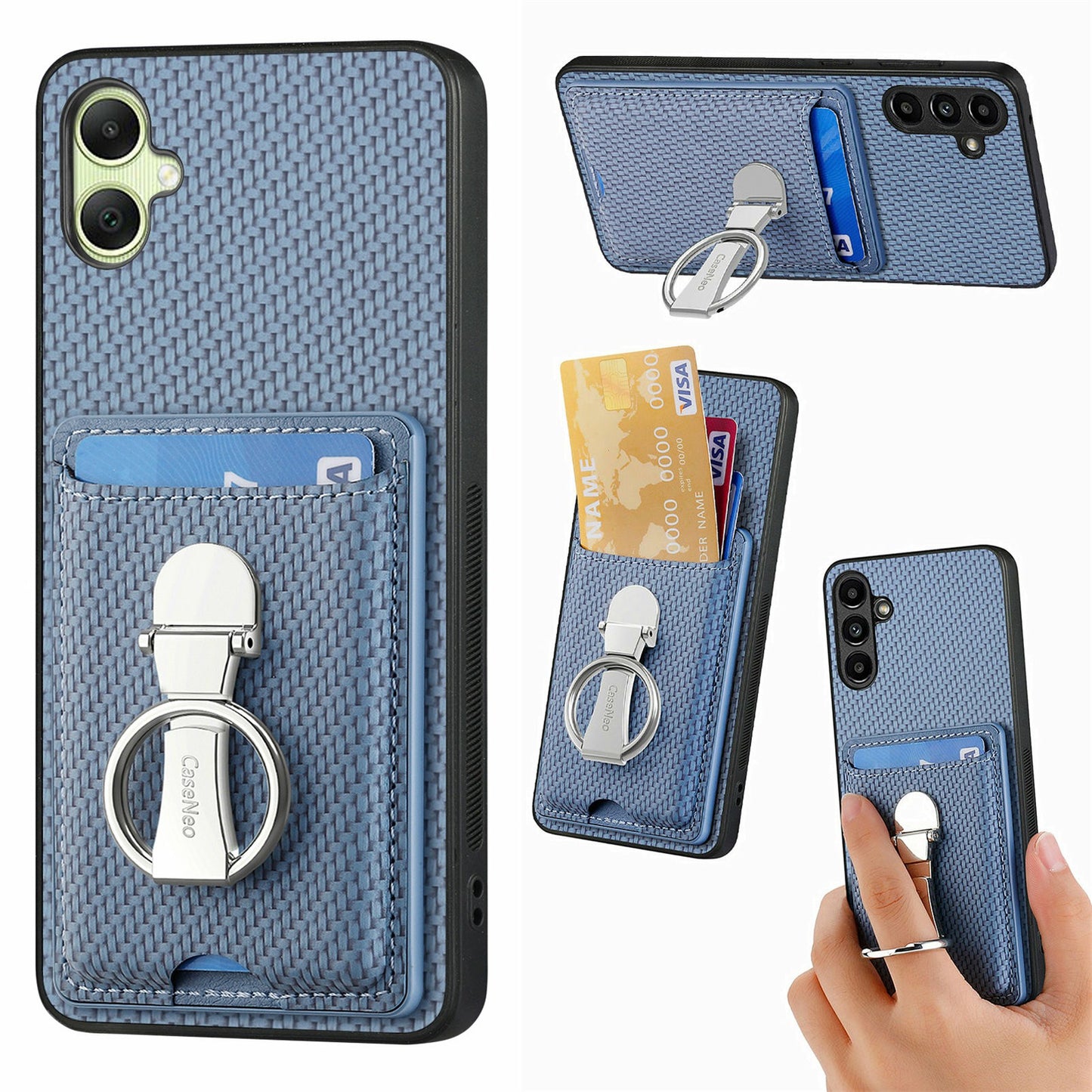 For Samsung Galaxy A06 Case Kickstand Leather Card Slots Back Cover Carbon Fiber Texture - Blue