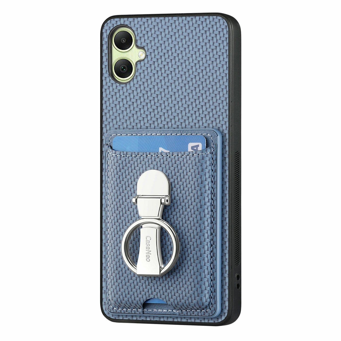 For Samsung Galaxy A06 Case Kickstand Leather Card Slots Back Cover Carbon Fiber Texture - Blue