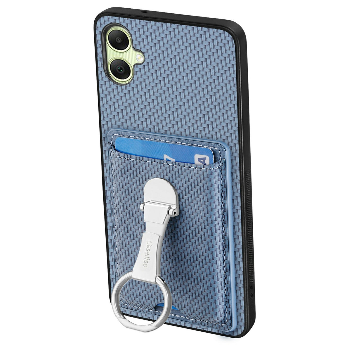 For Samsung Galaxy A06 Case Kickstand Leather Card Slots Back Cover Carbon Fiber Texture - Blue