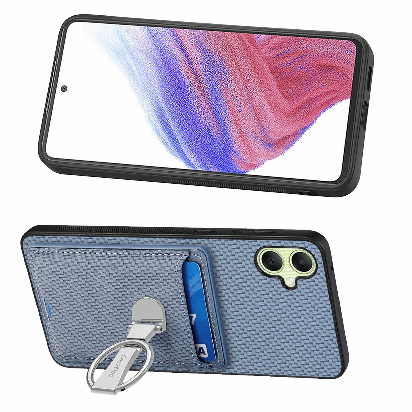 For Samsung Galaxy A06 Case Kickstand Leather Card Slots Back Cover Carbon Fiber Texture - Blue
