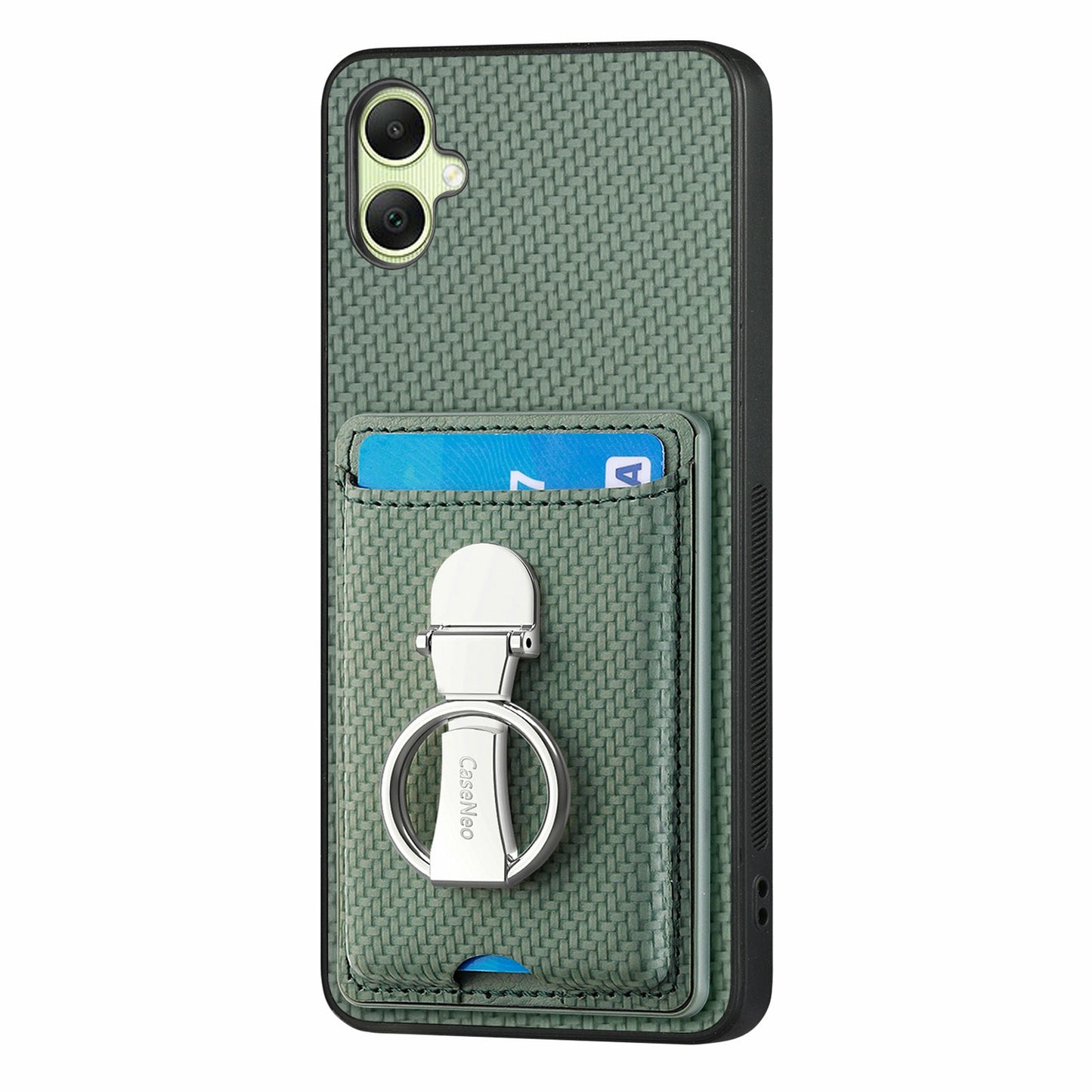 For Samsung Galaxy A06 Case Kickstand Leather Card Slots Back Cover Carbon Fiber Texture - Green