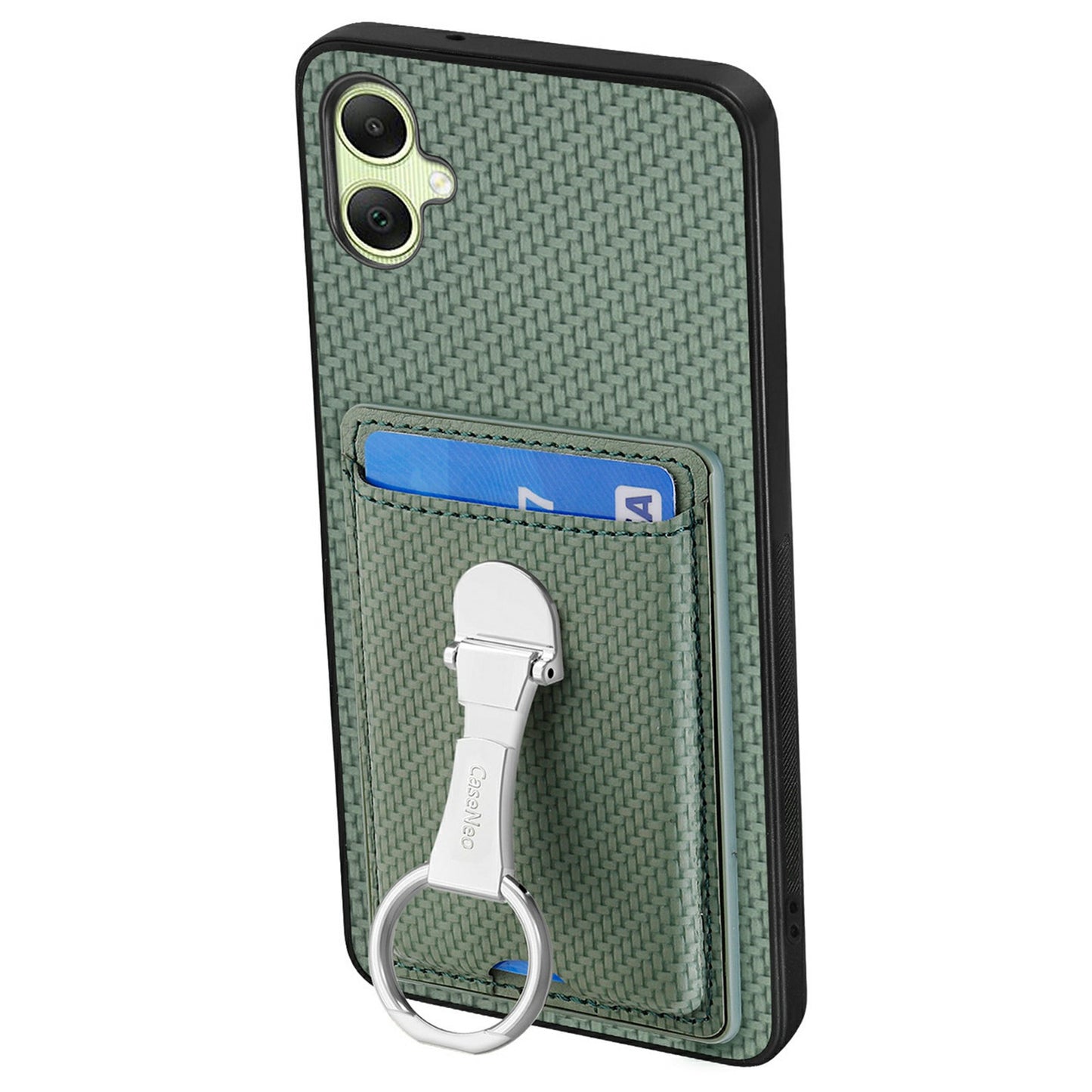 For Samsung Galaxy A06 Case Kickstand Leather Card Slots Back Cover Carbon Fiber Texture - Green