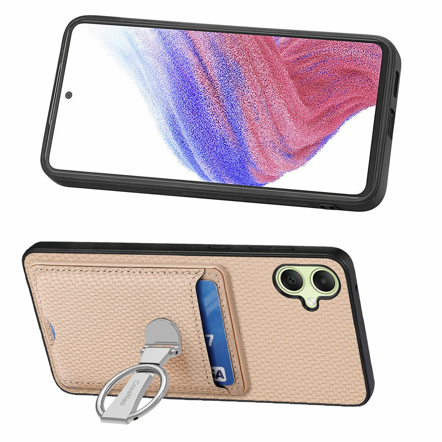 For Samsung Galaxy A06 Case Kickstand Leather Card Slots Back Cover Carbon Fiber Texture - Khaki