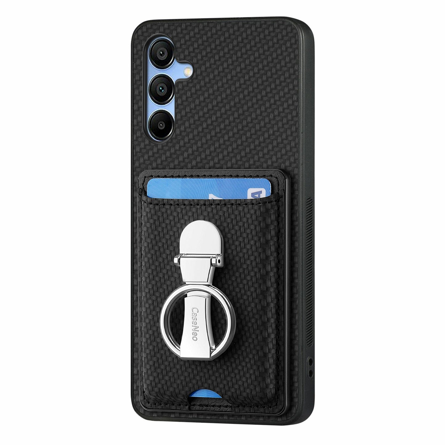 For Samsung Galaxy A16 4G / 5G Case Kickstand Leather Card Slots Back Cover Carbon Fiber Texture - Black