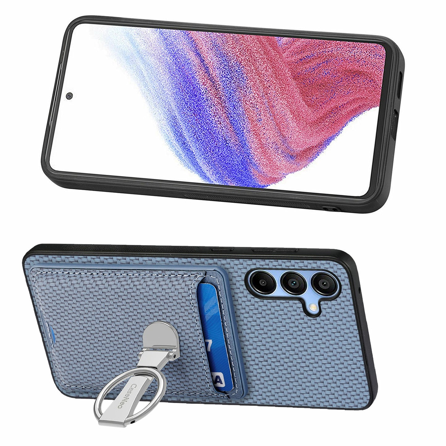 For Samsung Galaxy A16 4G / 5G Case Kickstand Leather Card Slots Back Cover Carbon Fiber Texture - Blue
