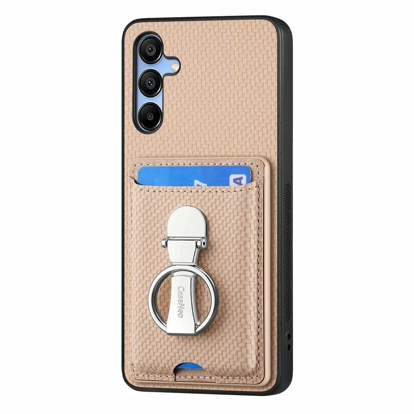 For Samsung Galaxy A16 4G / 5G Case Kickstand Leather Card Slots Back Cover Carbon Fiber Texture - Khaki