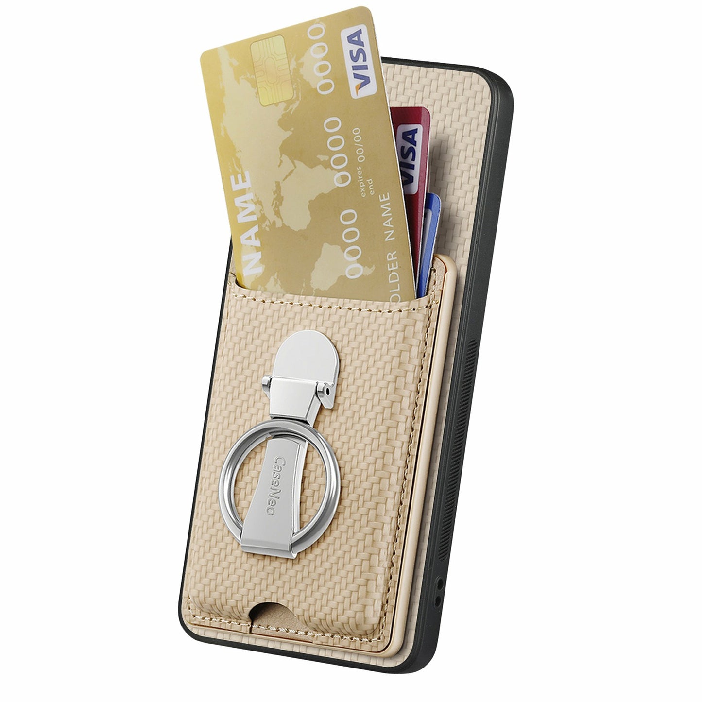 For Samsung Galaxy A16 4G / 5G Case Kickstand Leather Card Slots Back Cover Carbon Fiber Texture - Khaki