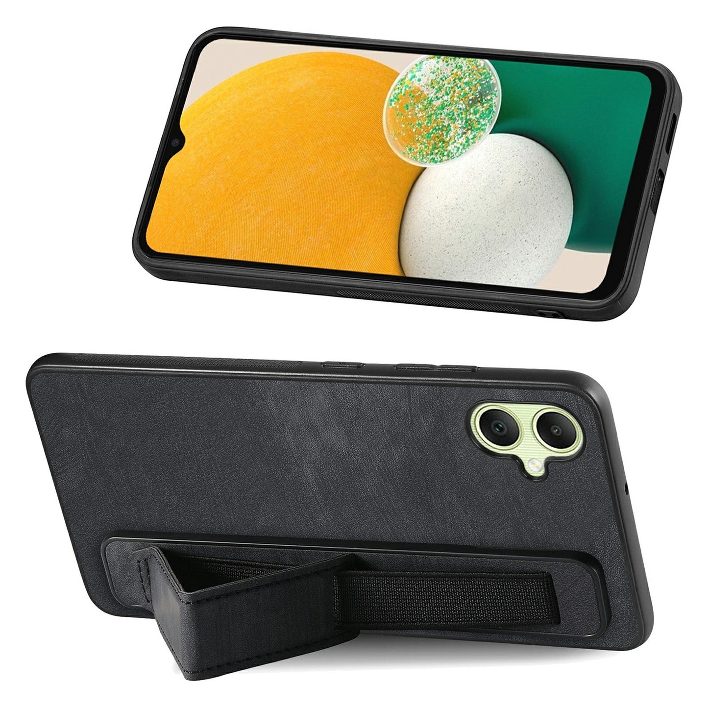 For Samsung Galaxy A06 Case Wristband Leather + TPU Phone Cover - Black