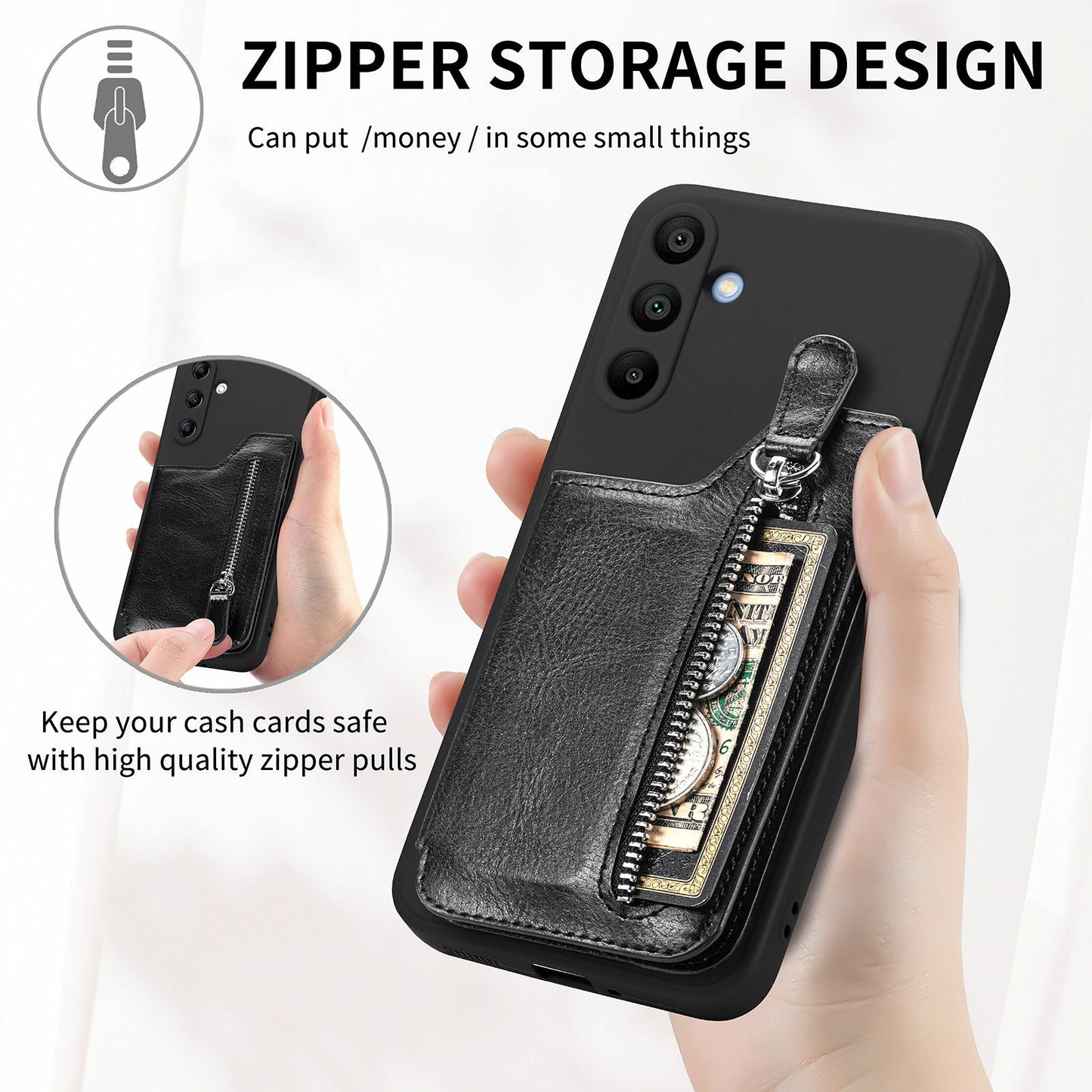 For Samsung Galaxy A16 4G / 5G Case PU Leather+TPU Phone Cover with Zipper Pocket Wallet - Black