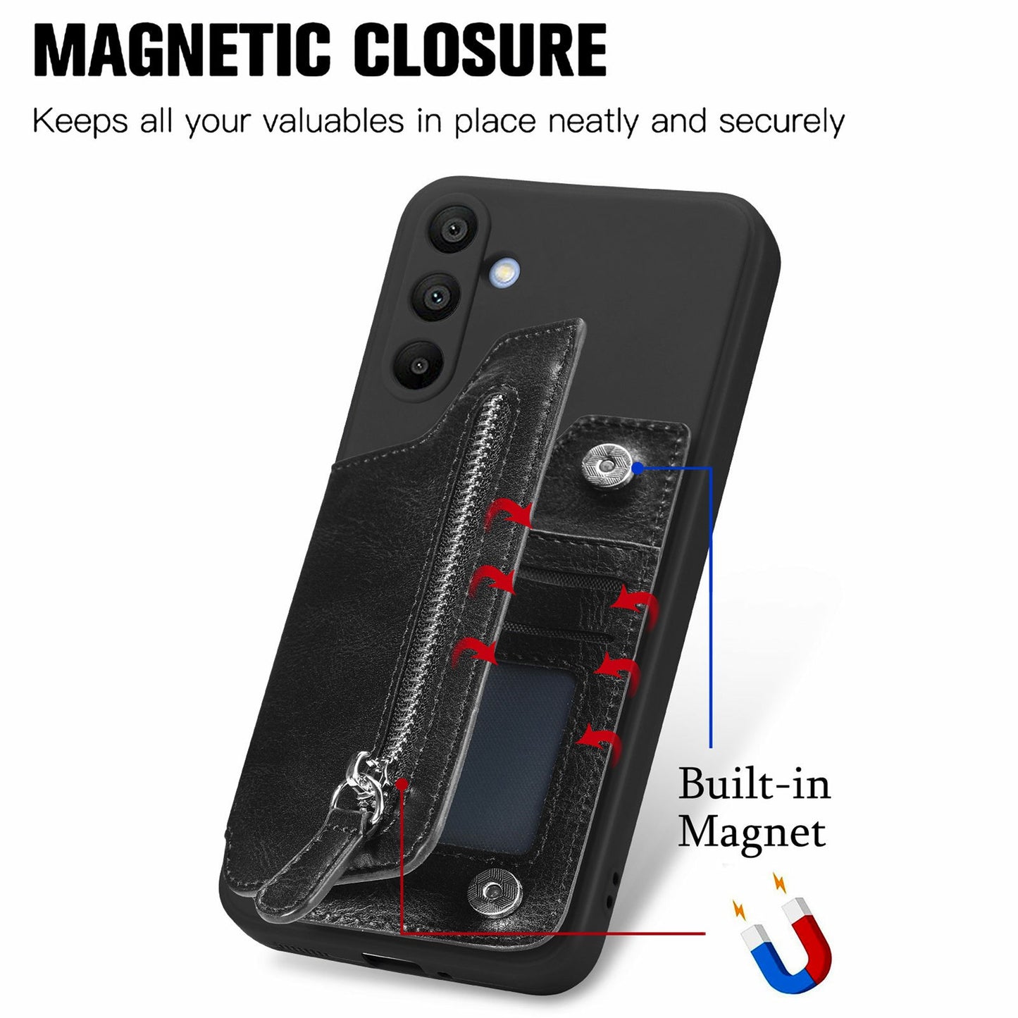 For Samsung Galaxy A16 4G / 5G Case PU Leather+TPU Phone Cover with Zipper Pocket Wallet - Black