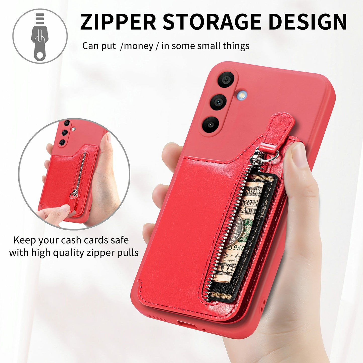 For Samsung Galaxy A16 4G / 5G Case PU Leather+TPU Phone Cover with Zipper Pocket Wallet - Red