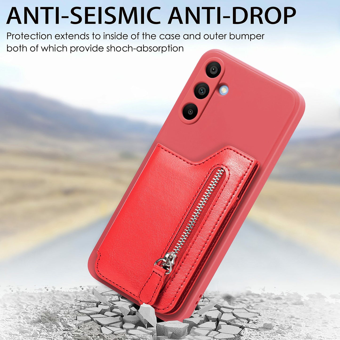 For Samsung Galaxy A16 4G / 5G Case PU Leather+TPU Phone Cover with Zipper Pocket Wallet - Red