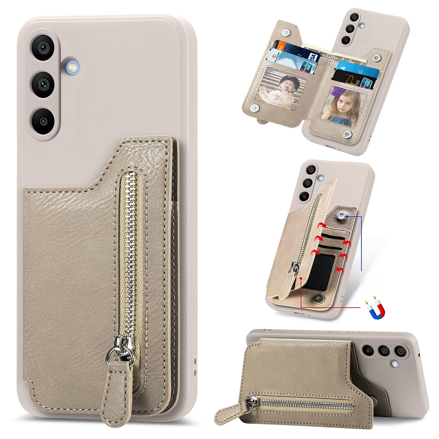 For Samsung Galaxy A16 4G / 5G Case PU Leather+TPU Phone Cover with Zipper Pocket Wallet - Beige
