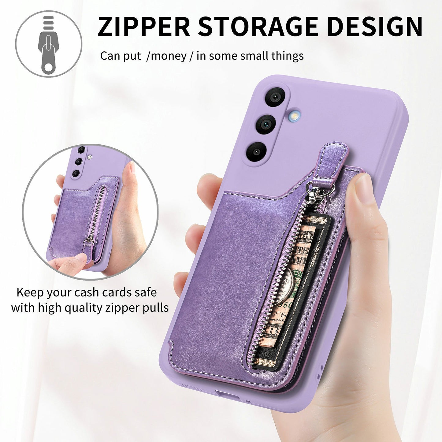 For Samsung Galaxy A16 4G / 5G Case PU Leather+TPU Phone Cover with Zipper Pocket Wallet - Purple