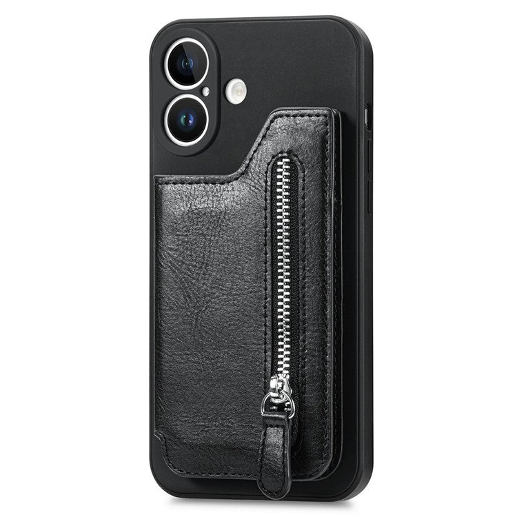 For iPhone 16 Case PU Leather+TPU Phone Cover with Zipper Pocket Wallet - Black
