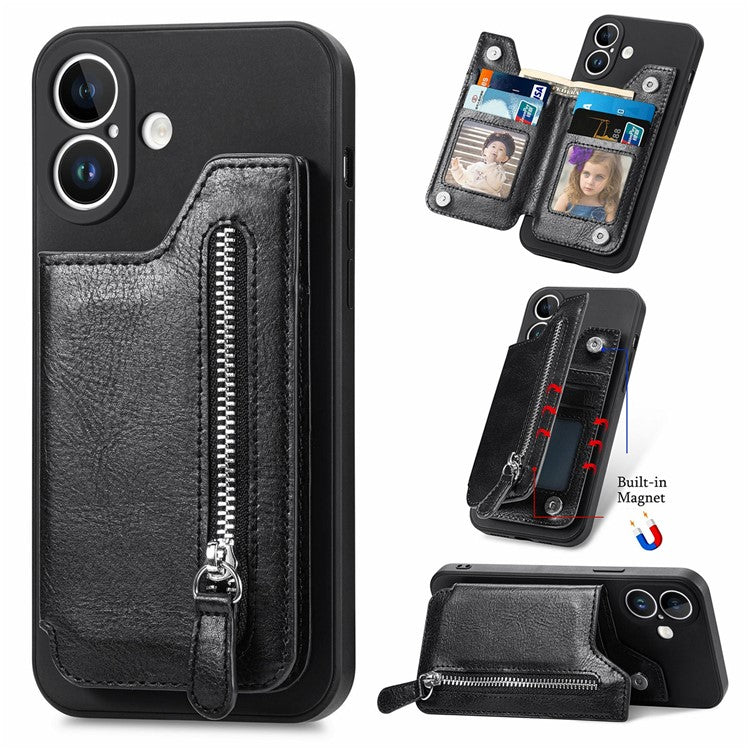 For iPhone 16 Case PU Leather+TPU Phone Cover with Zipper Pocket Wallet - Black