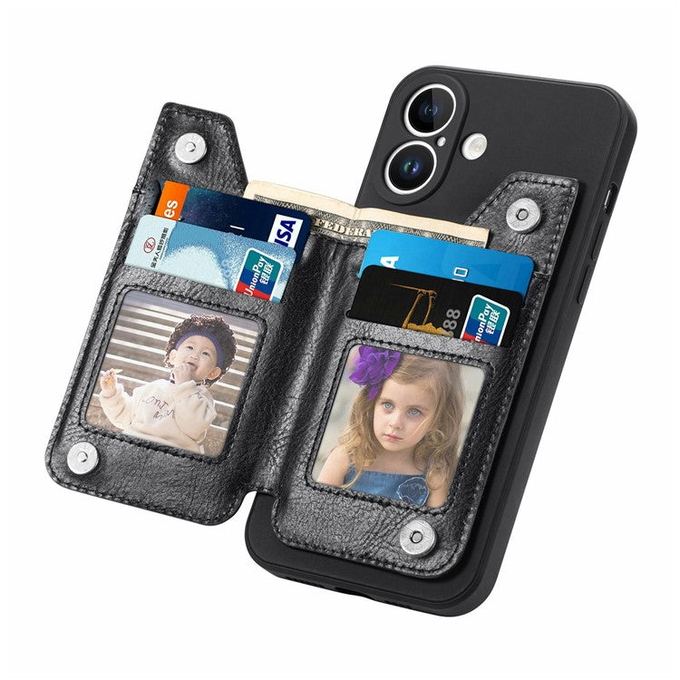 For iPhone 16 Case PU Leather+TPU Phone Cover with Zipper Pocket Wallet - Black