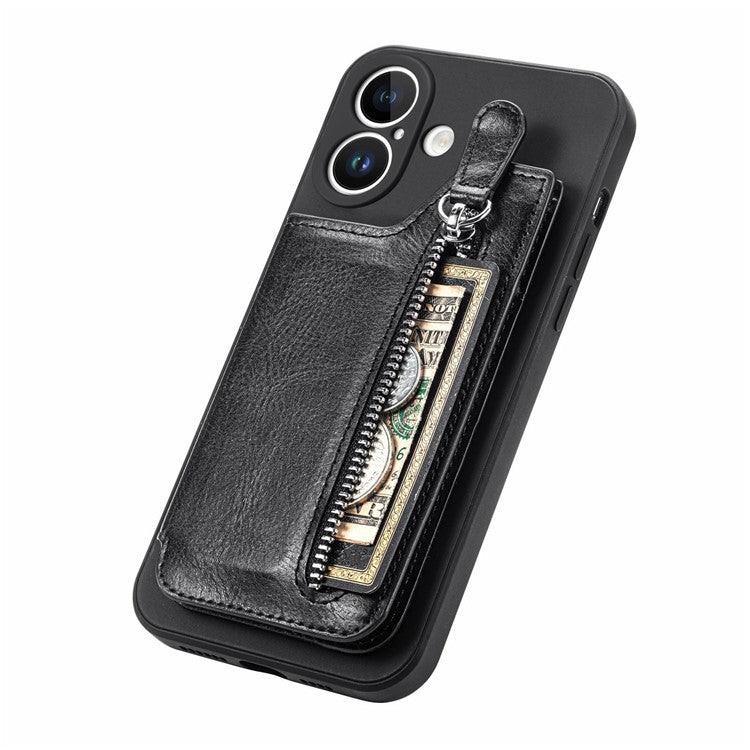 For iPhone 16 Case PU Leather+TPU Phone Cover with Zipper Pocket Wallet - Black