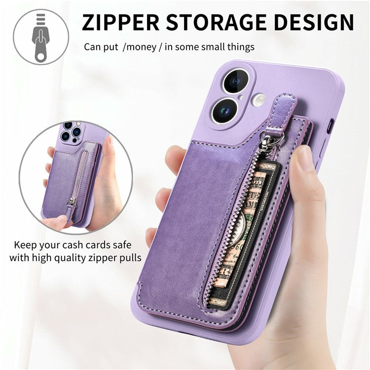 For iPhone 16 Case PU Leather+TPU Phone Cover with Zipper Pocket Wallet - Black