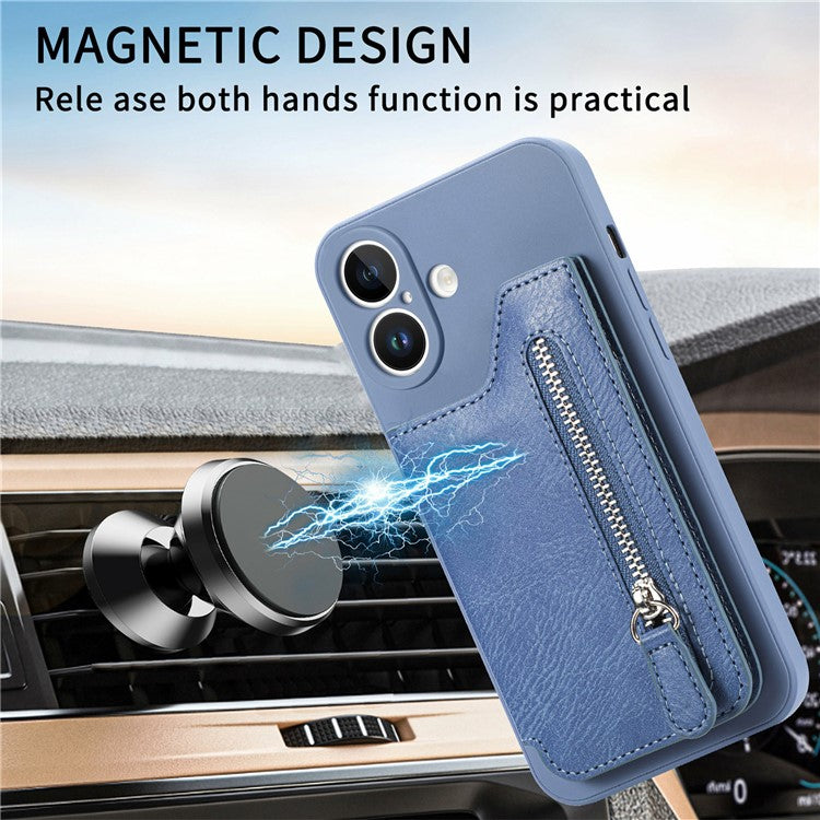 For iPhone 16 Case PU Leather+TPU Phone Cover with Zipper Pocket Wallet - Black