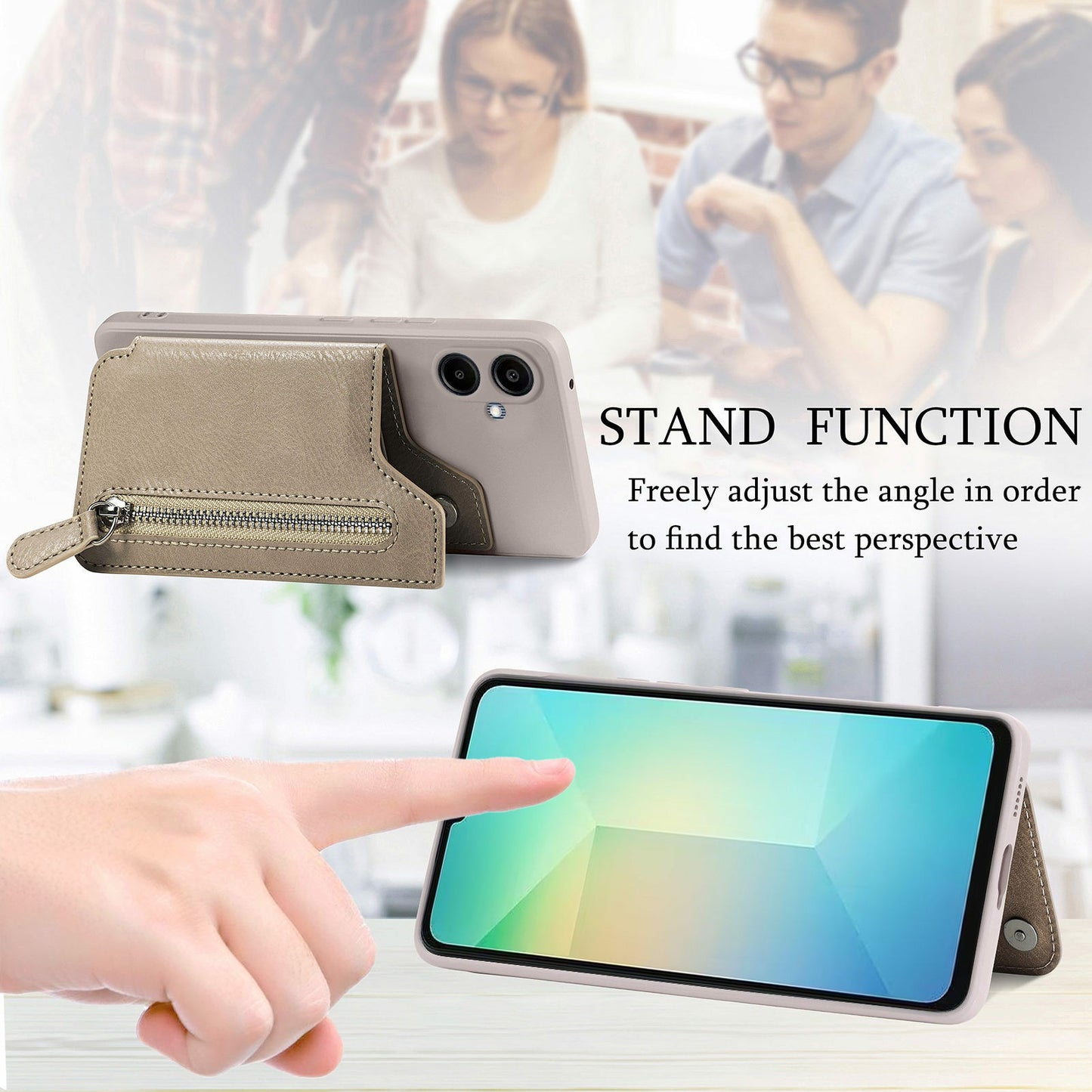 For Samsung Galaxy A06 Case PU Leather+TPU Phone Cover with Zipper Pocket Wallet - Beige