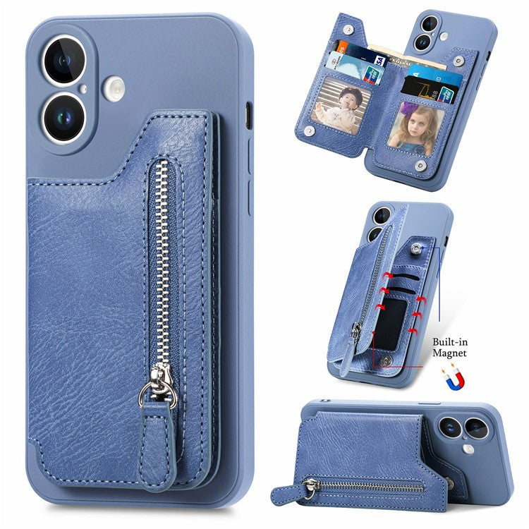 For iPhone 16 Plus Case PU Leather+TPU Phone Cover with Zipper Pocket Wallet - Blue