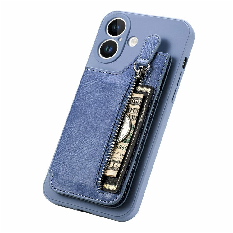 For iPhone 16 Plus Case PU Leather+TPU Phone Cover with Zipper Pocket Wallet - Blue