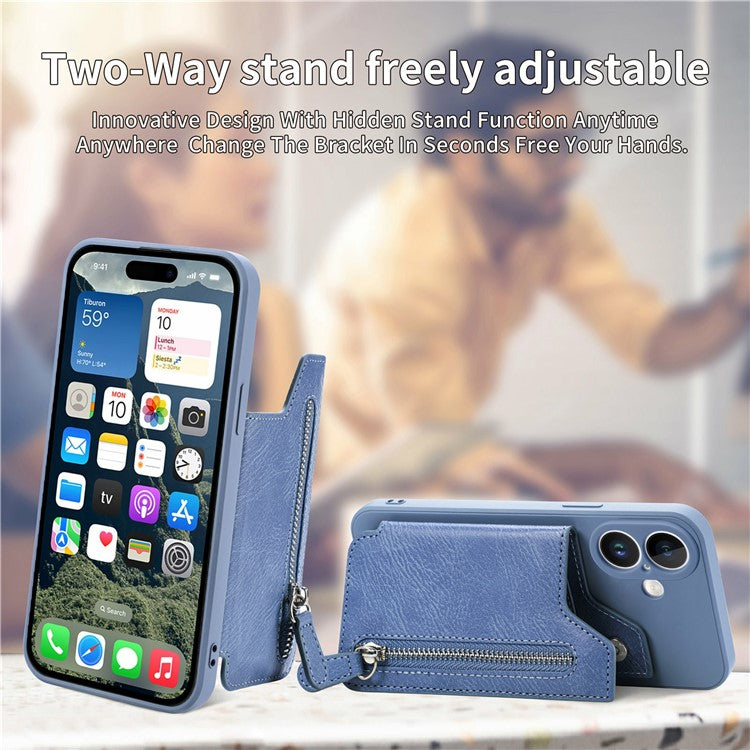 For iPhone 16 Plus Case PU Leather+TPU Phone Cover with Zipper Pocket Wallet - Blue