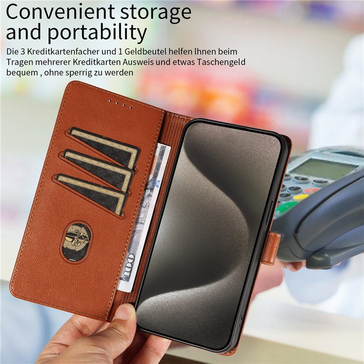 For iPhone 16 Pro Leather Case Litchi Texture RFID Blocking Wallet Stand Phone Cover - Brown