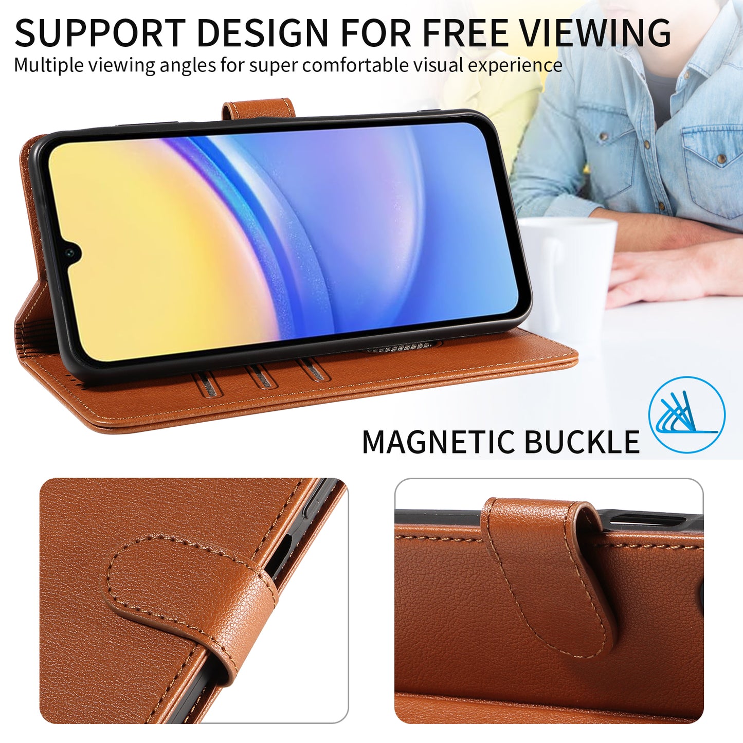 For Samsung Galaxy A16 4G / A16 5G Leather Case Litchi Texture RFID Blocking Wallet Stand Phone Cover - Brown