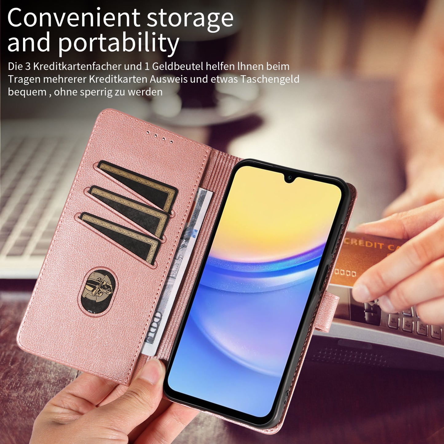 For Samsung Galaxy A16 4G / A16 5G Leather Case Litchi Texture RFID Blocking Wallet Stand Phone Cover - Rose Gold