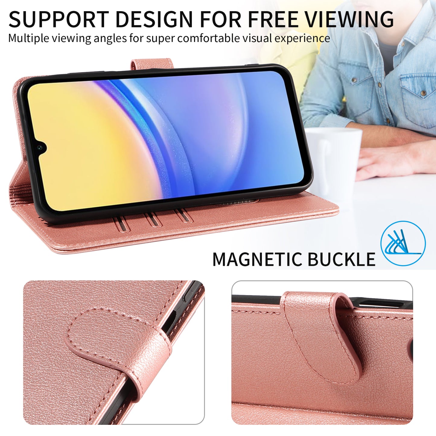 For Samsung Galaxy A16 4G / A16 5G Leather Case Litchi Texture RFID Blocking Wallet Stand Phone Cover - Rose Gold