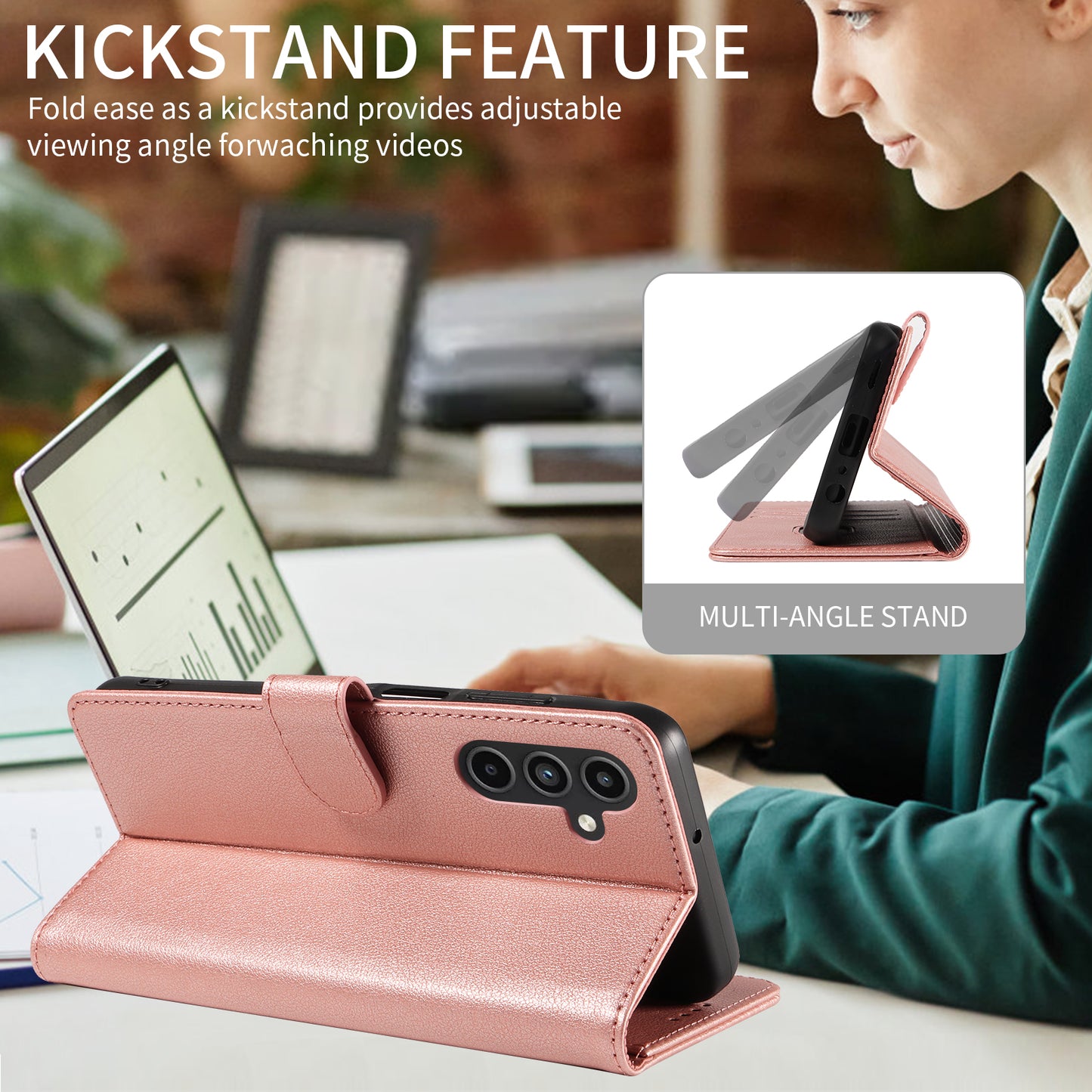 For Samsung Galaxy A16 4G / A16 5G Leather Case Litchi Texture RFID Blocking Wallet Stand Phone Cover - Rose Gold