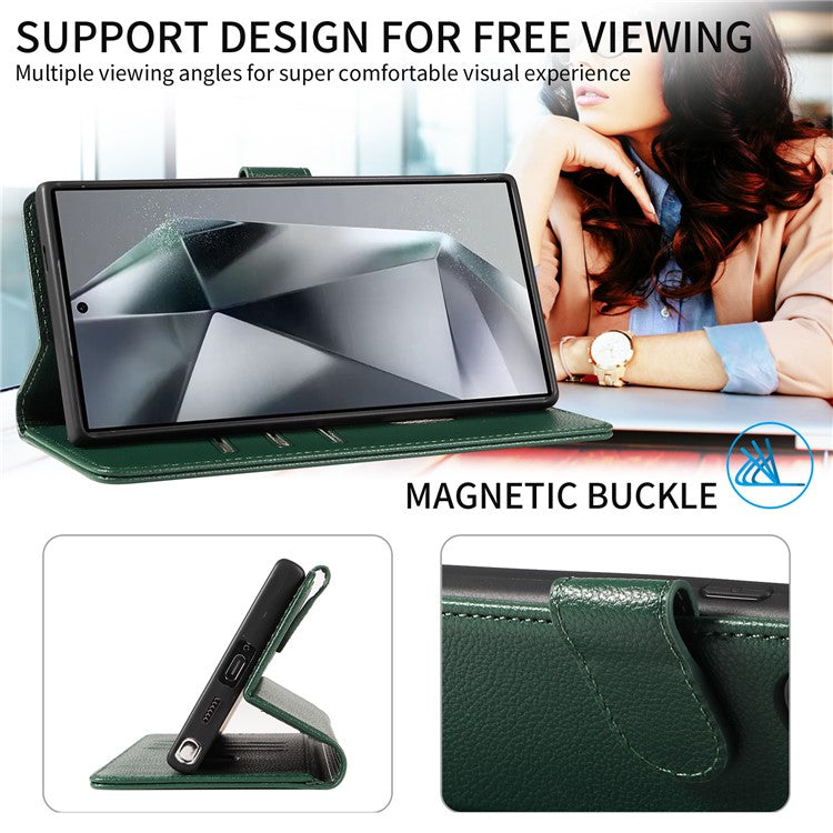For Samsung Galaxy S23 Ultra Leather Case Litchi Texture RFID Blocking Wallet Stand Phone Cover - Green